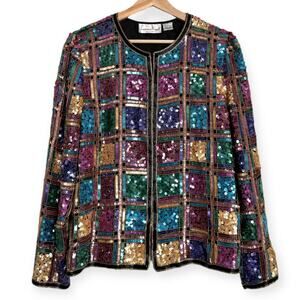 Vintage Laurence Kazar 100% Silk All Over Sequin Multi Color Jacket Women's PM